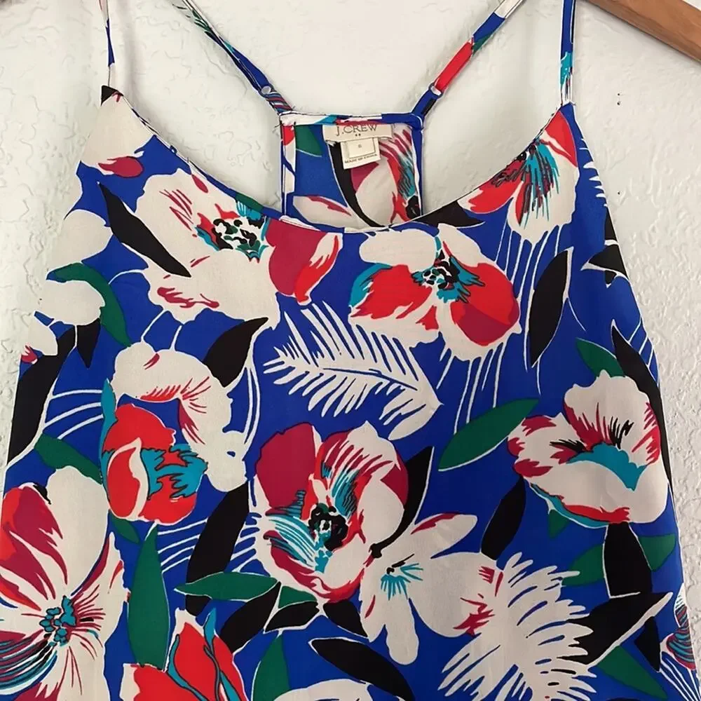 J. Crew Red White Blue Floral Halter Silky Tank Top Patriotic Summer Camisole